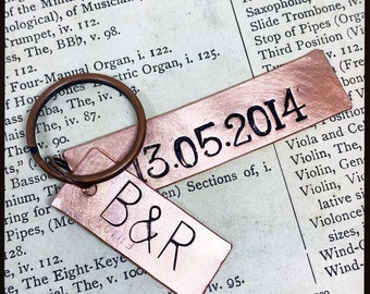 Reclaimed copper Initials and date. Hand stamped Traditional 7th wedding anniversary gift. keychain key ring.