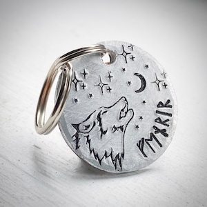 Viking Runes Pet ID tag. Custom dog, cat pet tag. Hand stamped. Double sided phone number. Ancient writing. Wolf and moon