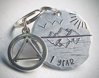 Personalised Sobriety Recovery symbol Keychain chip gift. Custom hand stamped Sober, alcohol free. Talisman. Aluminium copper or brass