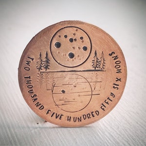 7 year Wedding Anniversary gift. Reclaimed copper Hand stamped traditional 7th gift. Personalised moon pocket love token keepsake talisman image 1