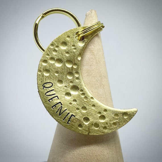 Crescent MOON Pet ID double sided name and mobile phone number tag. Personalised dog, cat name, Hand stamped. brass. Hand crafted textured