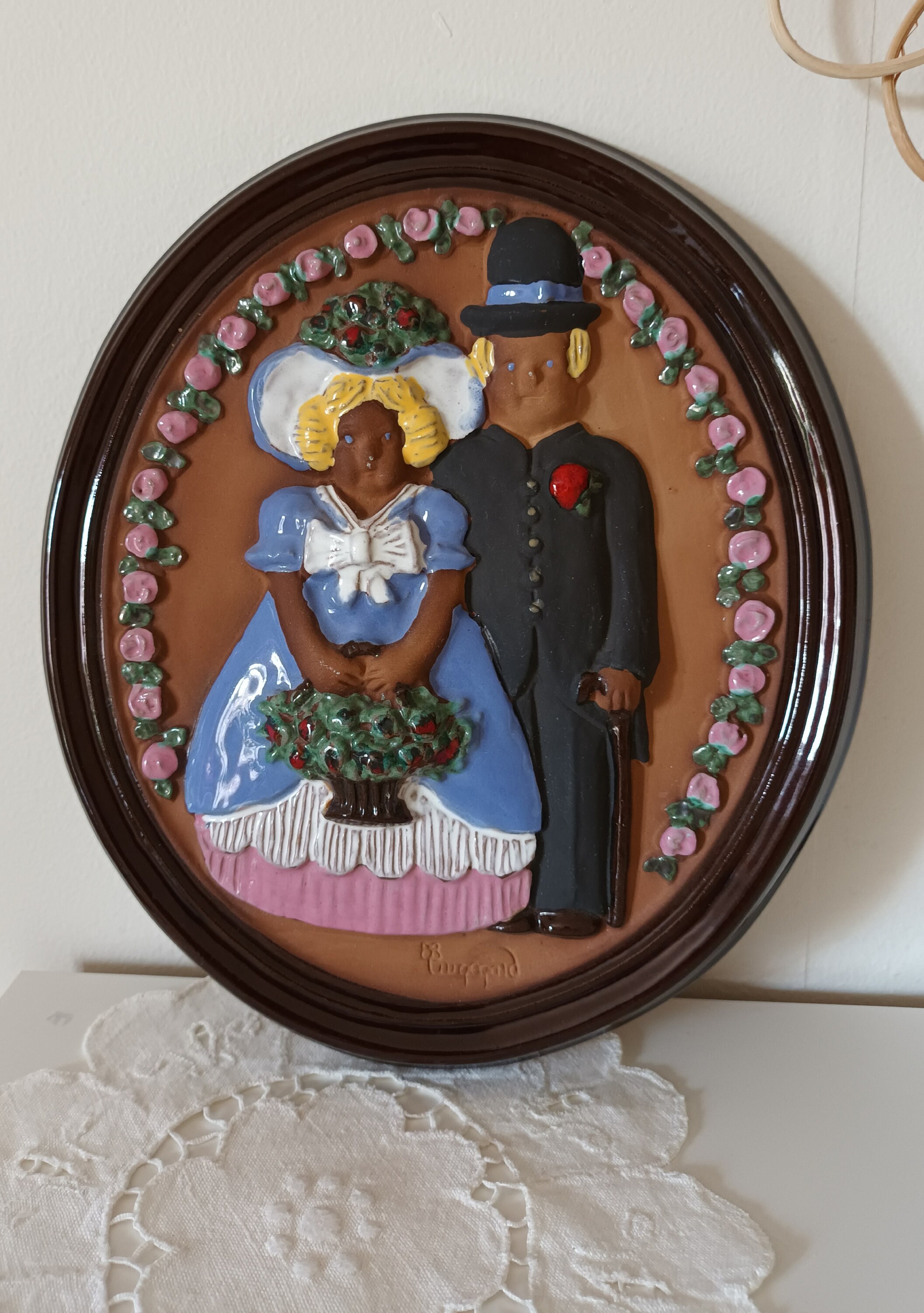 Swedish Vintage A Large Oval Gabriel Ceramic Wall Relief Plaque with Bridal Couple in Rosary Design by Ingegärd Burmeister Gabriel Sweden