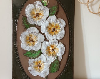 Swedish Vintage BIG JIE Gantofta Sweden Ceramic Wall Plaque with White Flowers Retro Vintage 80s