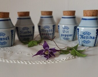 5 pcs of 1 Set of Danish Ceramics Vintage Ceramic Spice Jars Containers with Cork Lids Made by Soholm Denmark Vintage Retro 70s