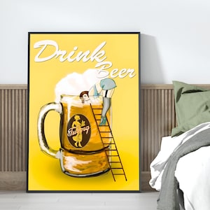 Beer Drinking Poster Print, Beer Poster, Black and White, Alcohol Wall Art, Bar Cart Print, Room Decor, Wall Decor