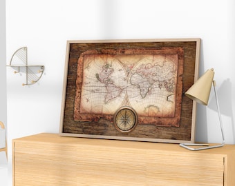 Antique World Map Canvas Wall Art Design, Poster Print Decor for Home & Office Decoration, Canvas Ready to Hang