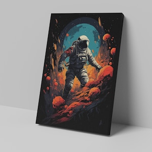 Ilustración colorida de astronauta, impresión de arte espacial caprichosa, decoración única para el hogar, regalo único de astronauta, arte de pared en lienzo colorido