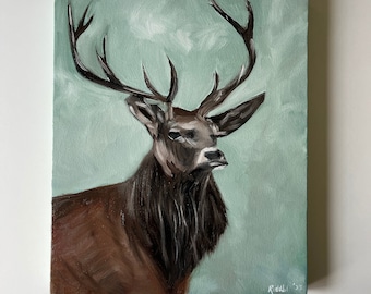 Original Oil Painting - Stag Portrait, Deer Painting, Wildlife Art for home