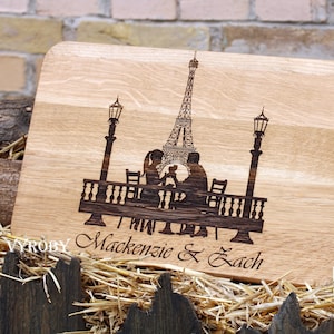 Paris Cutting Board – Personalized Oak Cheese Board – Romantic Engagement, Wedding or Anniversary Gift – Eiffel Tower Kitchen Decor