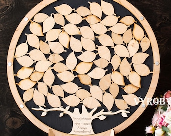 Funeral Guest Book Tree – Celebration of Life Guestbook – Memorial Tree of Life with Leaves – Personalized Remembrance Sign Alternative
