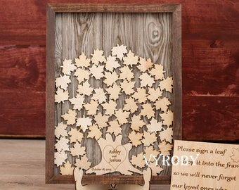Wedding Guest Book Alternative Tree Fall Themed Wooden Frame with Leaves