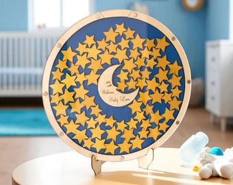 Blue Baby Shower Guest Book Alternative – Moon and Stars Round Wooden Frame for 40–135 Guests