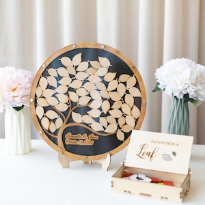 Libro degli ospiti ad albero per matrimonio, alternativo, autunnale, decorazione rustica per matrimonio, libro degli ospiti naturalistico, scatola rotonda con foglie