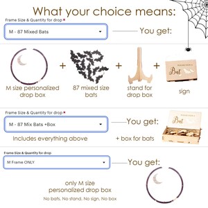 May include: A product selection guide featuring a circular drop box with a moon cutout, 87 bat-shaped wooden pieces, a wooden display stand, and a rectangular sign reading Please Sign A Bat. Options include the frame, bats, stand, and storage box.