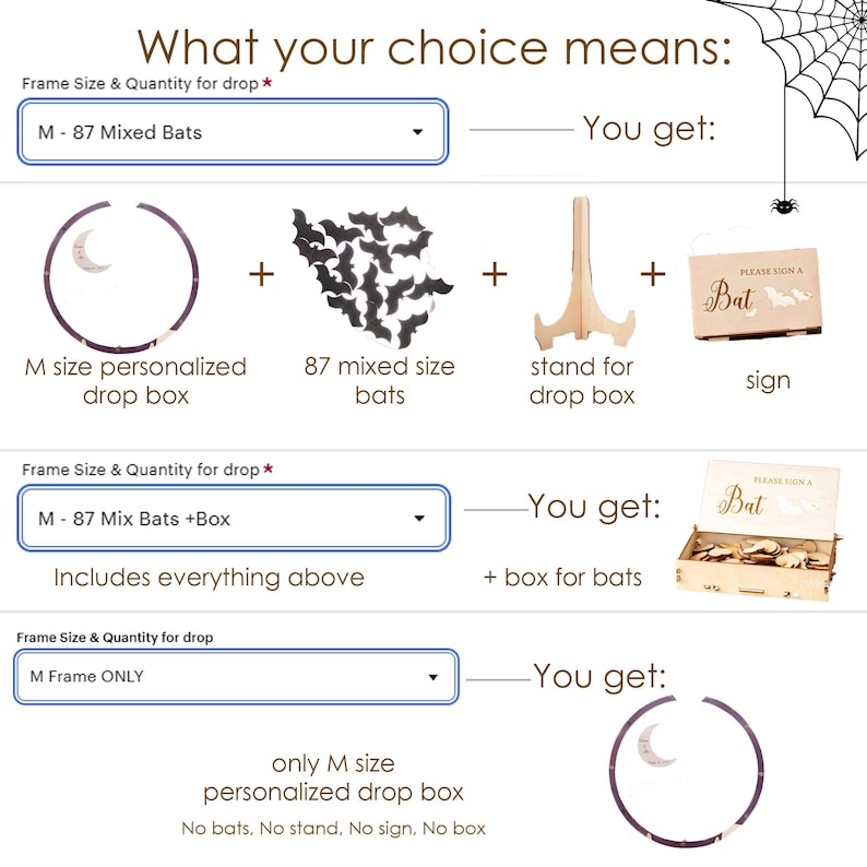 May include: A product selection guide featuring a circular drop box with a moon cutout, 87 bat-shaped wooden pieces, a wooden display stand, and a rectangular sign reading Please Sign A Bat. Options include the frame, bats, stand, and storage box.