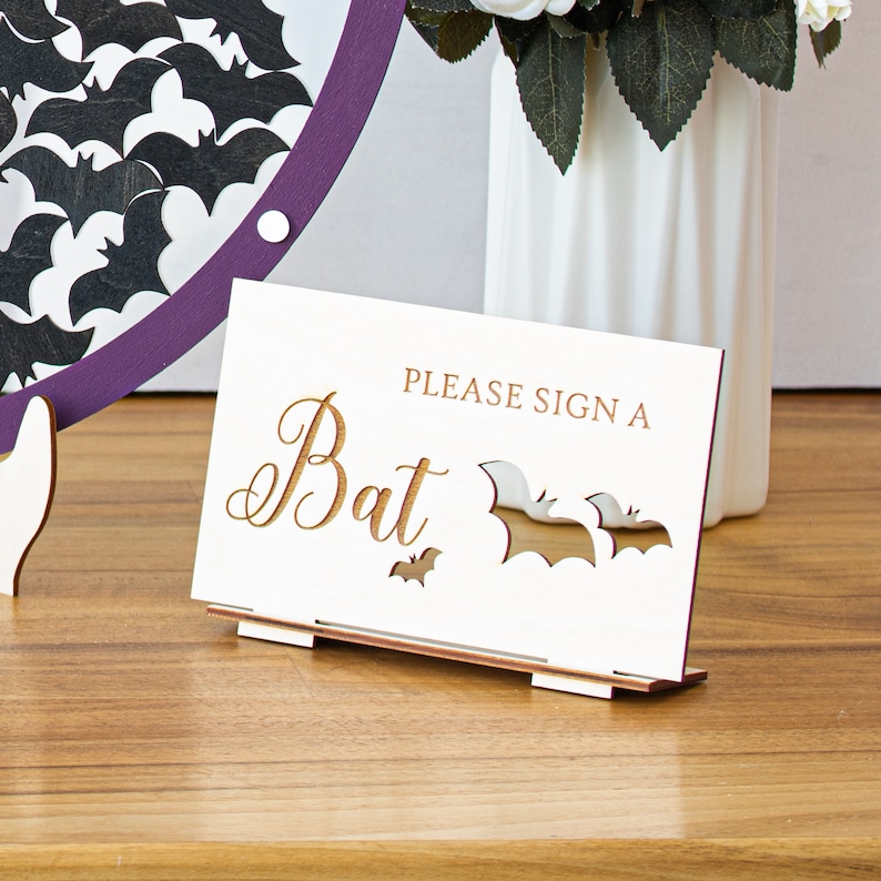 Gothic wedding sign for guest book with bat tokens. Perfect for halloween and spooky-themed weddings.