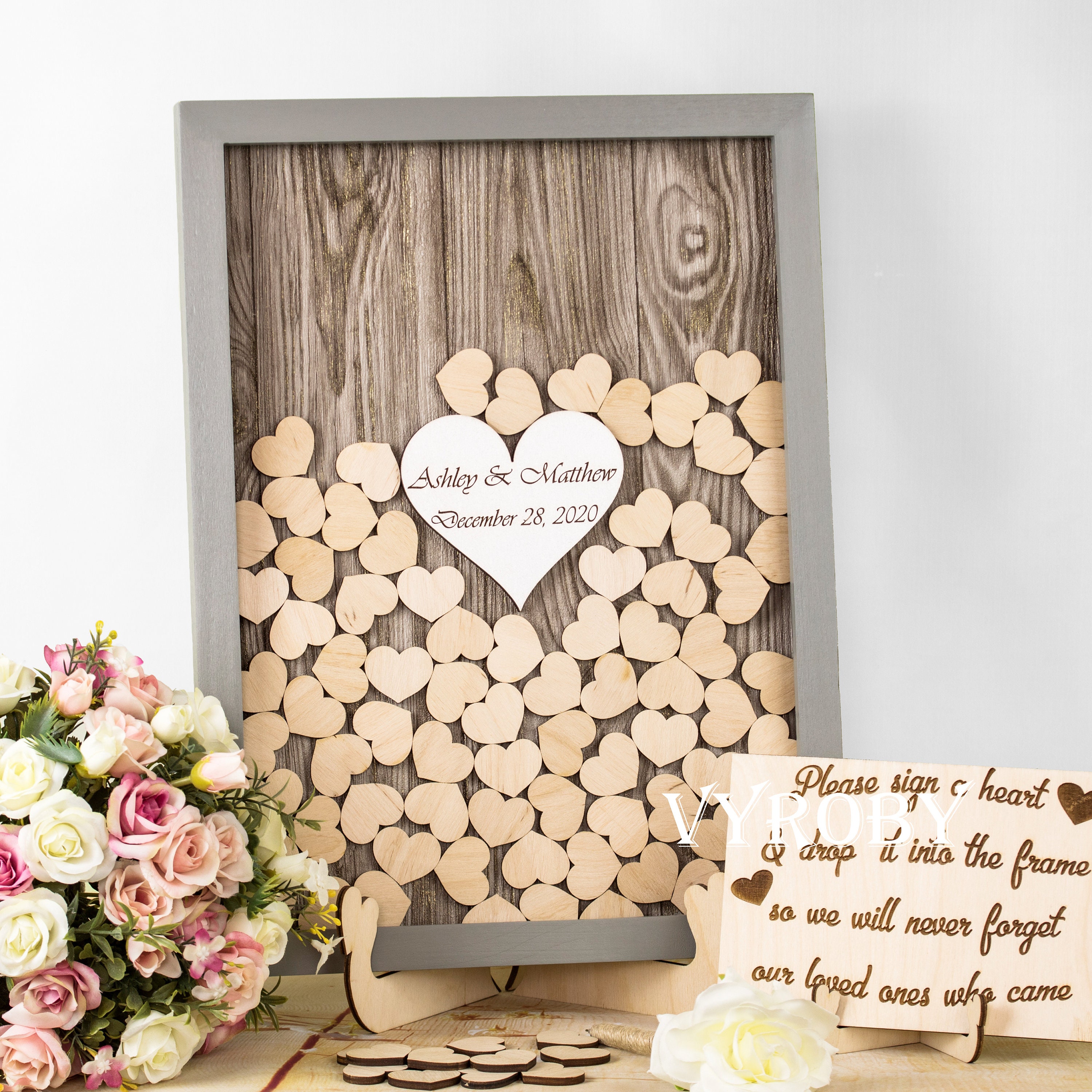Libro Degli Ospiti Per Matrimonio Effetto Legno Con Cuore Bianco - 144 Pagine, Formato 21,5x21,5 Cm, Stile Rustico