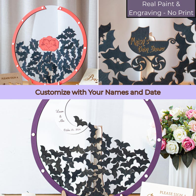 May include: A circular guest book frame featuring a clear center filled with small black wooden bat cutouts. The frame has a red or purple border with silver hardware. Text includes "Maisy's Baby Shower" and "Lauren & Alex October 15, 2024".