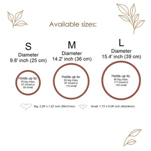 May include: A size chart with three circles labeled S, M, and L. S is 9.8 inches, M is 14.2 inches, and L is 15.4 inches in diameter. Each circle lists capacity for big, mixed, and small chips. Bat icons show big chips at 2.28 x 1.22 inches and small at 1.73 x 0.08 inches.
