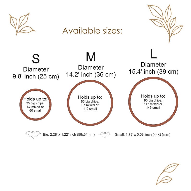 May include: A size chart with three circles labeled S, M, and L. S is 9.8 inches, M is 14.2 inches, and L is 15.4 inches in diameter. Each circle lists capacity for big, mixed, and small chips. Bat icons show big chips at 2.28 x 1.22 inches and small at 1.73 x 0.08 inches.