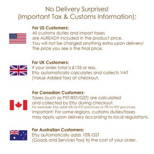 May include: An informational graphic titled No Delivery Surprises! Important Tax & Customs Information. It lists tax and customs policies for US, UK, Canadian, and Australian customers, each accompanied by their respective national flag icons.
