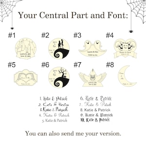 May include: A selection of eight custom engraving designs featuring themes like castles, silhouettes, ghosts, skulls, skeleton hands, trees, moths, and moons, labeled #1 through #8, alongside ten numbered font options and the text "Your Central Part and Font".