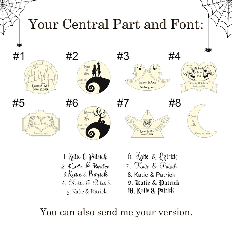 May include: A selection of eight custom engraving designs featuring themes like castles, silhouettes, ghosts, skulls, skeleton hands, trees, moths, and moons, labeled #1 through #8, alongside ten numbered font options and the text "Your Central Part and Font".