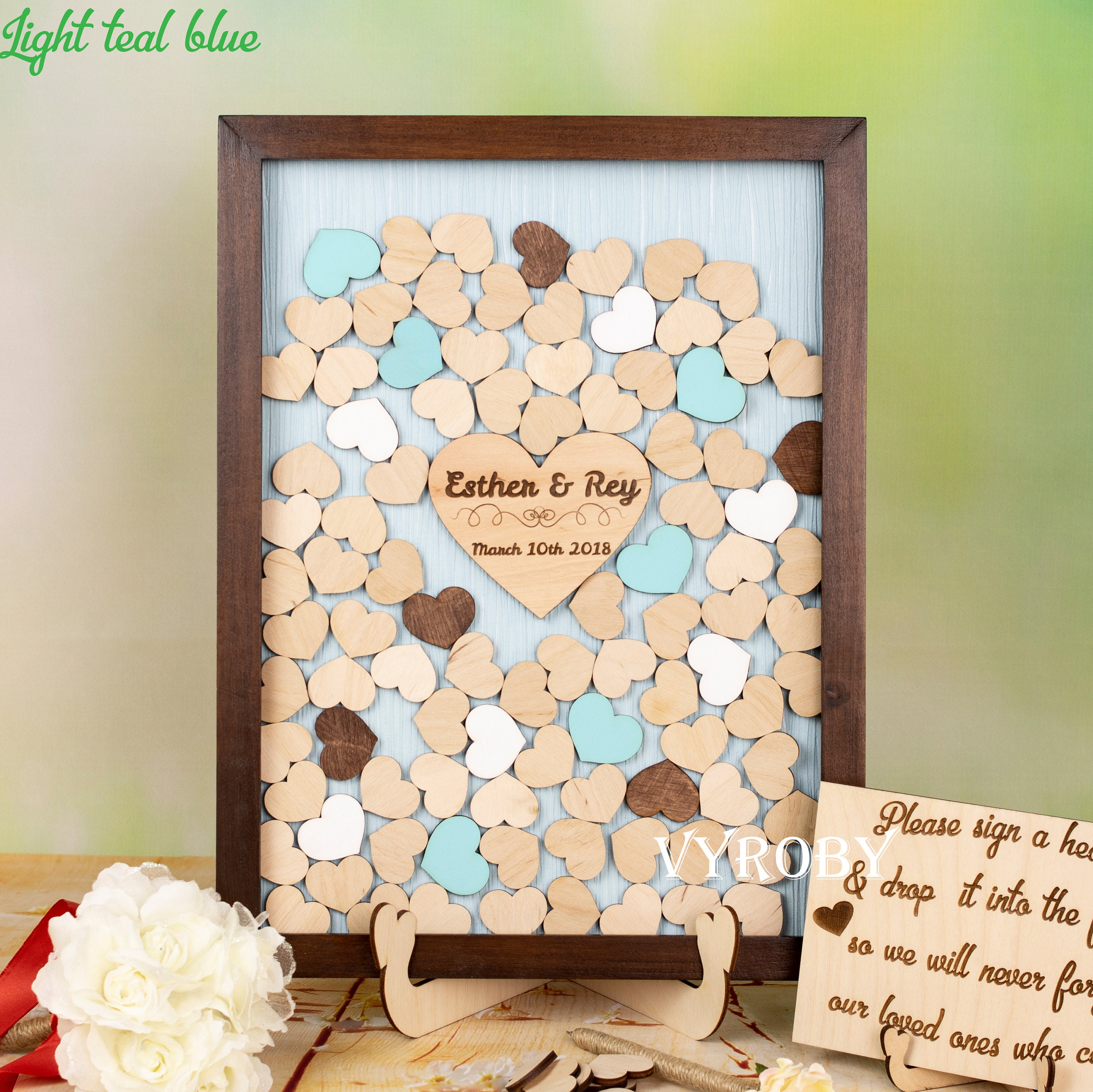 Guest book shadow box Wedding heart guestbook Teal and brown Etsy