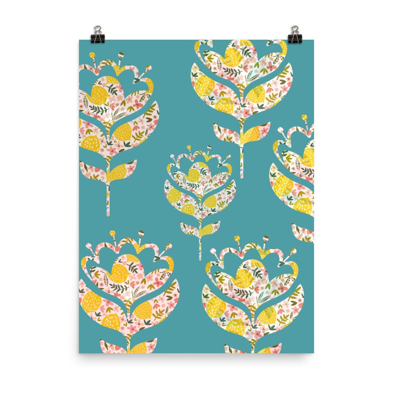 Blue and Yellow Floral Pattern Poster / Abstract Home Decor / Etsy