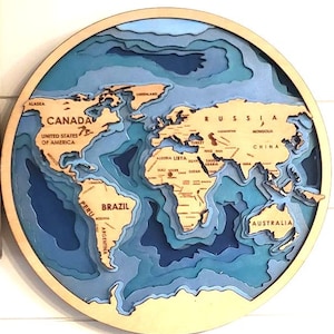 6-layer 3D Map of the World, Laser Cut World Map, 3D Wood World Map, Map Wall Hanging, Round World Map