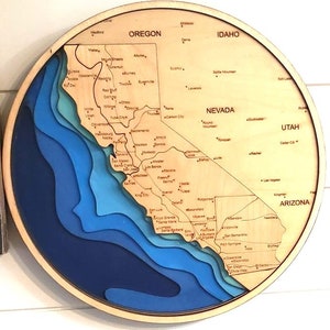 California 3D Map, 8 Layer Map, Laser Cut Map, California Coast, California Map, Wood Coastal Wall Art, Beach Decor, Nautical Print