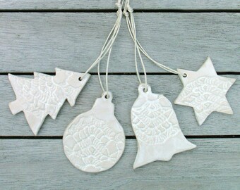 Set of 4 white ceramic Christmas tree decoration - tree - ball- star- bell