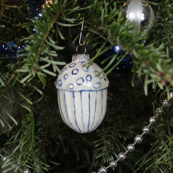 Blue or Gold Painted Acorn XMas Ornament - Handmade white ceramic with gold or Delft blue Christmas tree decoration