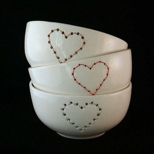 Handmade white ceramic bowl with copper wire embroidered heart, jewelry dish, lovers gift.