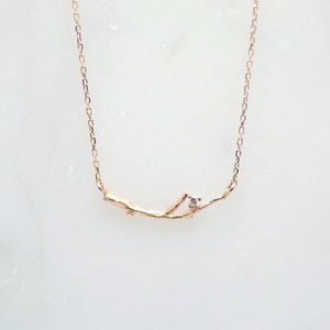 Tree Branch Champagne Diamond Wide Pendant Necklace, Solid 14K Gold, Dainty Thin Fine Chain, Genuine Diamond