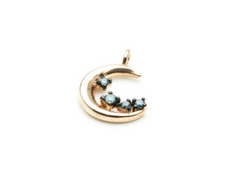 Crescent Moon with Blue Diamond Stars Pendant, Add On, Charms, Solid 14K Gold, Genuine Diamond, Mother's Gift, Mommy Necklace, Push Gift