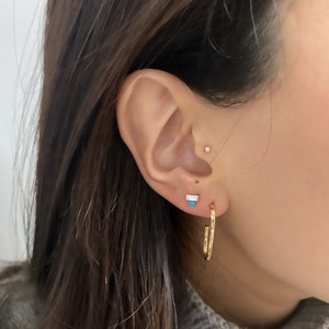 White Sapphire Baguette with Turquoise Piercing Earring, 14K Solid Gold Stud, Cartilage, Lobe, Tragus, Helix, Earring