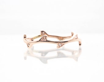14K Solid Gold, Mini Champagne Diamonds, Tree Branch Vine Ring, Wedding Band, Dainty Ring, Stacking Ring,