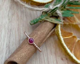 14K Solid Gold, Ruby Red Beaded Ring, Dotted Ring, Solitaire Ring, Engagement Ring, Stacking Ring, Birthstone ring, Raw, Genuine Gemstone