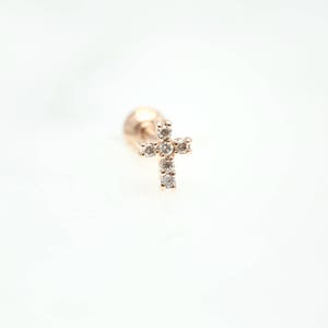 Mini Cross Piercing Boucle d’oreille (simple), Champagne/Blue Diamond Piercing, Or massif 14K, Cartilage, Lobe, Tragus, Piercing, Boucle d’oreille, Stud
