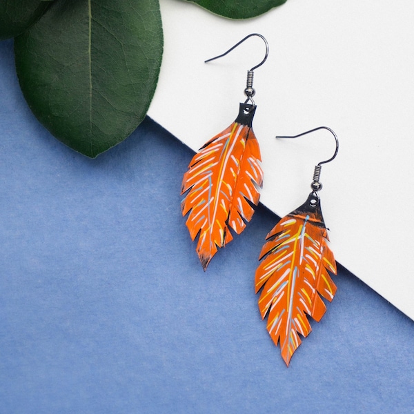 Small, delicate orange colored leaf shaped earrings, upcycled bicycle inner tube jewelry, Xmas, Birthday gift for best friend