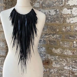 Bold tassel necklace made out of scrap bicycle inner tube, rubber, chic and eco-friendly jewellery by Laura Zabo