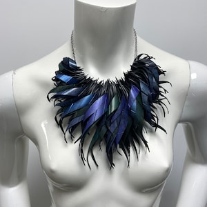 peacock purple blue statement tassel necklace, recycled bike tyre rubber eco-friendly jewellery by laura zabo