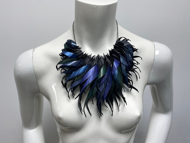 peacock purple blue statement tassel necklace, recycled bike tyre rubber eco-friendly jewellery by laura zabo