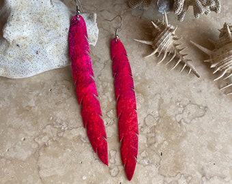Neon Delight: Hot Pink - Red Upcycled Bicycle Inner Tube Long Birdpen Shaped Earrings, Sustainable and vegan jewelry, Magenta Red Earrings
