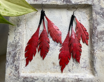 Beautiful and eye-catching Red leaf shaped earrings, Upcycled bicycle tyre rubber jewellery, statement accessories by Laura Zabo