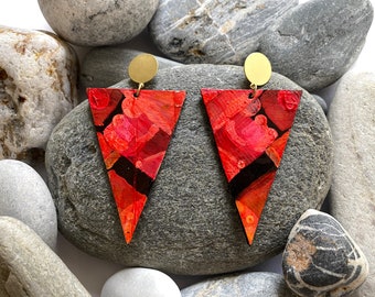 One Of a Kind Artistic Triangle Earrings, Red Earrings, Upcycled and Eco-friendly Jewelry Made from Bicycle Inner Tube Rubber