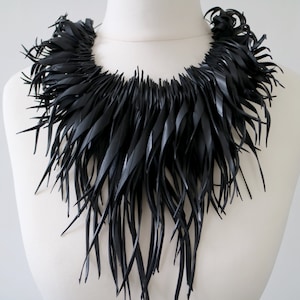 bold large black statement necklace made out of recycled upcycled bike tyre rubber inner tube by Laura Zabo, bib necklace