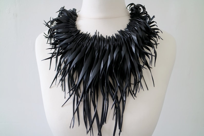 bold large black statement necklace made out of recycled upcycled bike tyre rubber inner tube by Laura Zabo, bib necklace