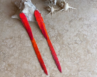 Neon Delight: Upcycled Bicycle Inner Tube Long Birdpen Earrings, Sustainable and vegan jewelry, Magenta Red Earrings